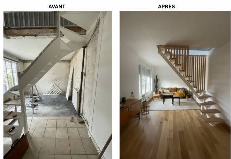 Salon et escalier avant/après rénovation (Caen 14000)
