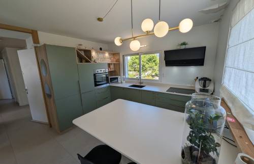Vue d’ensemble de la cuisine contemporaine vert sauge et bois après rénovation dans une maison à Voiron.