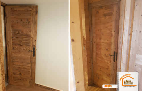 placard bois sur mesure, chambre style chalet, travaux Méribel Moûtiers, rénovation intérieure bois, artisan menuisier Savoie