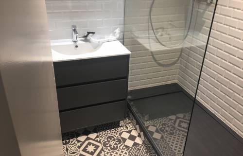 Une salle de bain rafraîchie - maçon 73, plombier 73, électricien 73, plaquiste 73, peintre 73, carreleur 73, menuisier 73, étanchéiste 73, architecte intérieur 73