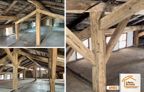 rénovation combles La Léchère, conservation structure d’origine, rénovation poutres apparentes, techniques rénovation douce, projet rénovation Savoie