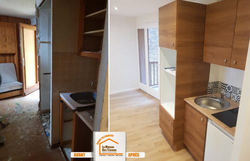 La Maison des Travaux Albertville, rénovation complète Méribel, optimisation m² appartement, faux plafond moderne, rénovation montagne premium, parquet stratifié qualité