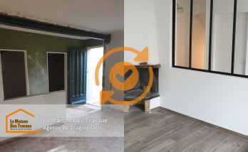   L'image montre l'espace avant rénovation, avec des murs sombres et vieillissants, un sol usé en carrelage et une séparation visuelle importante entre l'entrée et le salon