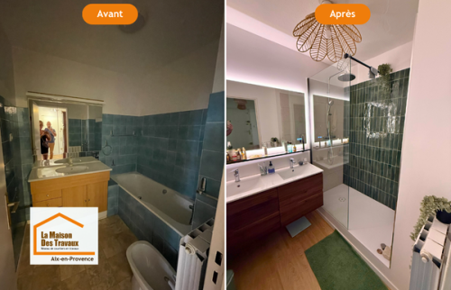 Rénovation complète d’une salle de bain à Aix-en-Provence avec création d’une douche extra-plate, meuble double vasque suspendu et carrelage vertical moderne réalisé avec les artisans sélectionnés par Laurent Nemer.