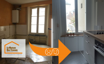 Avant : Cuisine vétuste à Héricourt, murs défraîchis et installations obsolètes, en attente d’une rénovation complète.