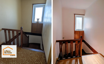 Rénovation d’escalier au Guilvinec : murs rafraîchis et sol modernisé pour un espace plus lumineux et agréable au quotidien.