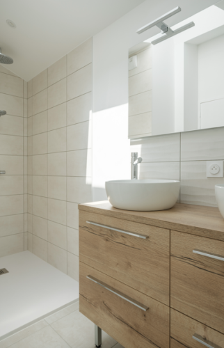 Surélévation d'une maison pour créer un commerce et deux logements à Vertou - Salle de bain avec meuble double vasque