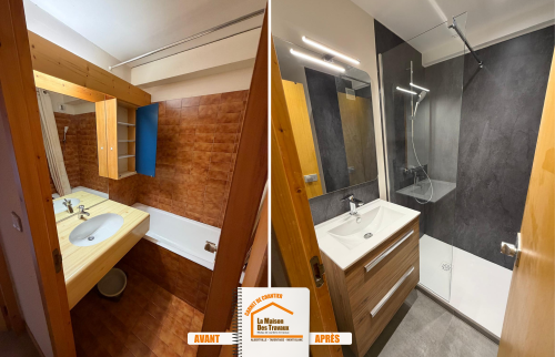  parquet PVC appartement montagne, crédence cuisine moderne, rénovation logement station ski, rénovation intérieure Savoie, artisan rénovation Méribel
