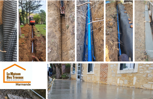 Installation d’un drain extérieur près de Fumel : terrasse et fondations protégées grâce à un système de drainage efficace coordonné par Sandrine Férin – La Maison Des Travaux Marmande.