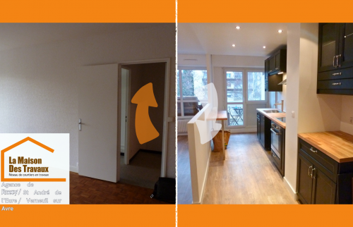 Découvrez une cuisine moderne ouverte sur le salon à Anet : du noir mat, du bois clair et une optimisation lumineuse au service du confort.