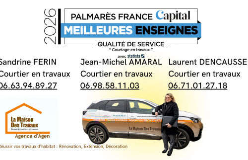 Votre projet de rénovation à Agen avec Sandrine Férin, courtière en travaux La Maison des Travaux : accompagnement, artisans qualifiés et suivi de chantier.