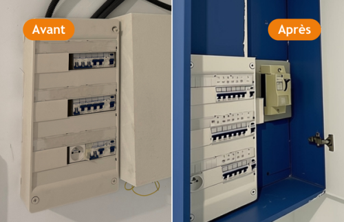 Avant-après d’un tableau électrique rénové près d’Agen, avec refonte du coffret et meilleure organisation des protections et circuits.