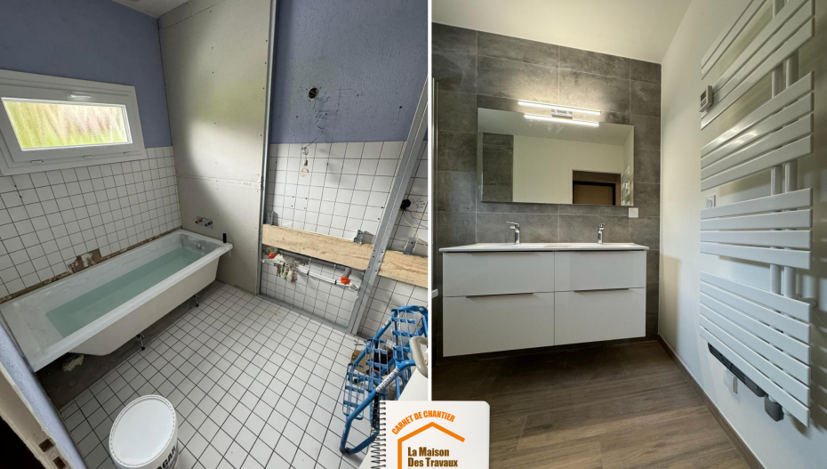 rénovation salle de bain La Clusaz, artisan salle de bain Haute-Savoie, carrelage effet bois sol, baignoire moderne montagne, meuble vasque fonctionnel, La Maison des Travaux Chamonix