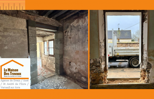 Rénovation d’une maison ancienne en Eure-et-Loir : Consolidation des murs et création d’une nouvelle ouverture pour optimiser l’espace de vie.