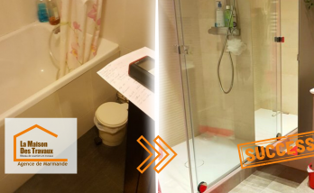 Transformation complète d’une salle de bain à Casteljaloux : d’une baignoire encombrante à une douche à l’italienne moderne et pratique.