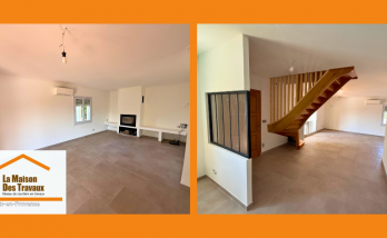 Salon rénové à Éguilles avec escalier bois sur mesure, ambiance chaleureuse et espace ouvert moderne.