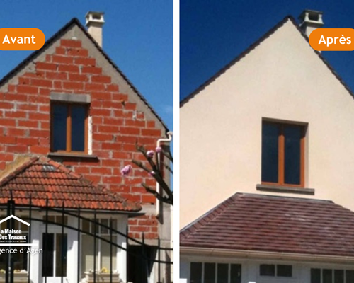 - Chantier de ravalement de façade près d’Agen, avec reprise du pignon en briques et intervention sur échafaudage.