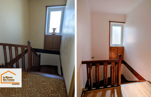 Rénovation d’escalier au Guilvinec : murs rafraîchis et sol modernisé pour un espace plus lumineux et agréable au quotidien.