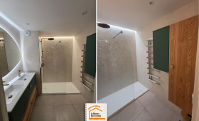 salle de bain moderne Sallanches, faïence texturée douche, robinetterie laiton salle de bain, rénovation salle de bain montagne, la maison des travaux sallanches