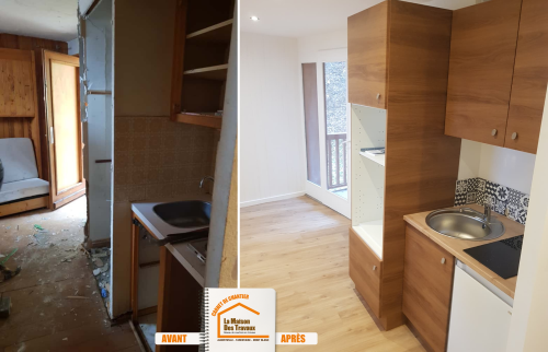 La Maison des Travaux Albertville, rénovation complète Méribel, optimisation m² appartement, faux plafond moderne, rénovation montagne premium, parquet stratifié qualité