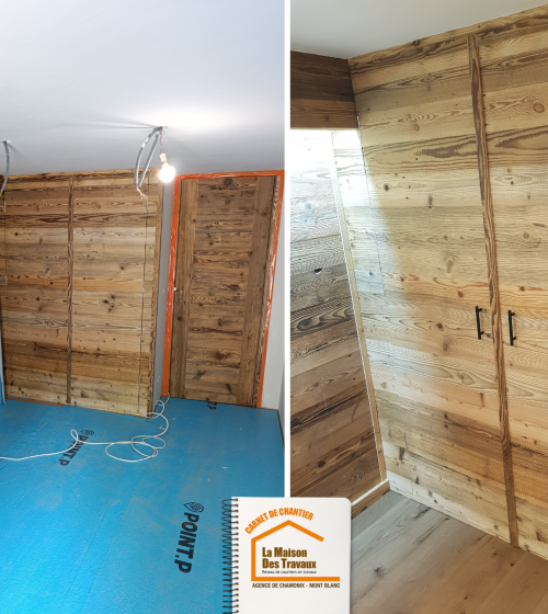 aménagement placard sur mesure, optimisation espace appartement, placard bois massif montagne, rénovation appartement Les Houches, la maison des travaux sallanches