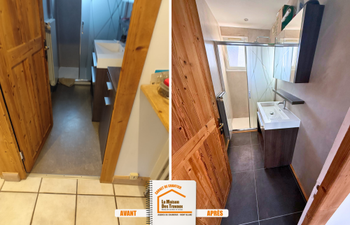 rénovation WC Chamonix, bloc WC suspendu moderne, faïence murale design, carrelage sol appartement, rénovation intérieure montagne