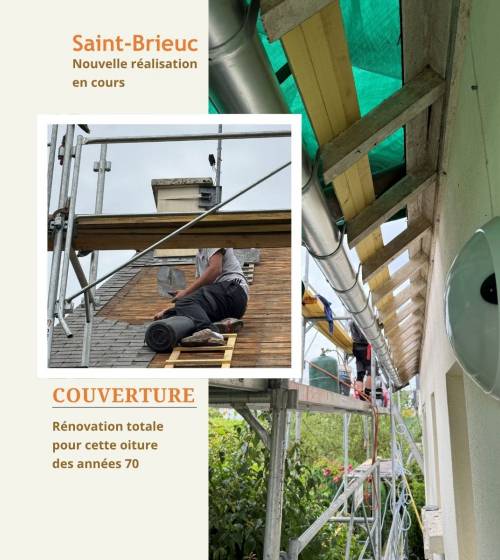  Dépose de l’ancienne couverture et sécurisation du chantier grâce à un échafaudage professionnel – rénovation toiture maison années 70 à Saint-Brieuc.