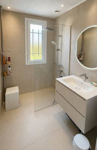 Salle de bain rénovée avec douche à l’italienne, adaptée aux seniors à Voiron