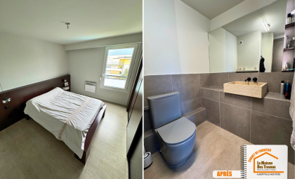 La Maison des Travaux Moûtiers, rénovation minimaliste appartement, parquet gris moderne, rénovation salle de bain pierre, courtier en travaux Albertville