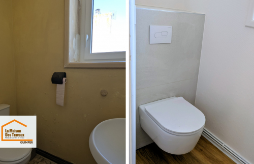 Rénovation WC au Guilvinec : passage à un WC suspendu moderne avec finitions soignées et meilleure optimisation de l’espace.