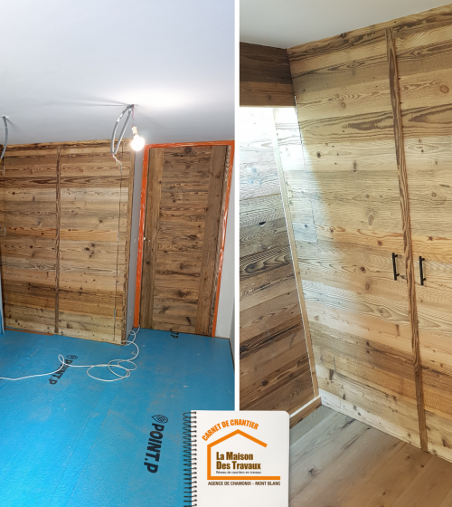 aménagement placard sur mesure, optimisation espace appartement, placard bois massif montagne, rénovation appartement Les Houches, la maison des travaux sallanches