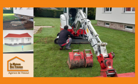 Début du chantier d’une extension de 20 m² à Melisey, avec l’intervention des engins pour préparer le terrain.