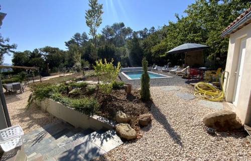 Chemin en gravier et piscine 