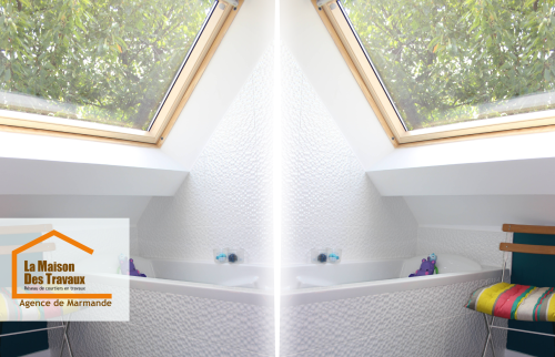 Optimisez vos combles avec une salle de bain lumineuse : fenêtres de toit, textures élégantes et aménagement sur-mesure près de Marmande.