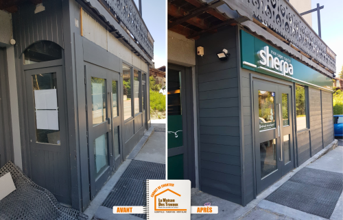 rénovation magasin Savoie, rénovation commerce montagne, travaux local professionnel, bardage bois commerce, rénovation bâtiment commercial