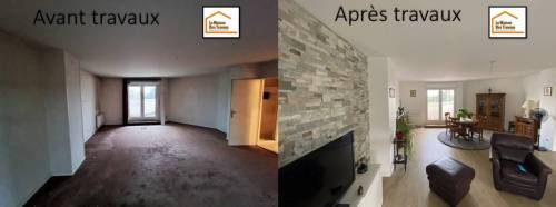 Rénovation du salon avec revêtement imitation pierre (Brunoy 91800)