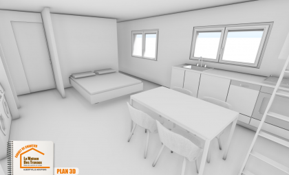 La Maison des Travaux Moûtiers, studio moderne avec cuisine, salle de bain dans garage, faux plafond LED, parquet PVC studio