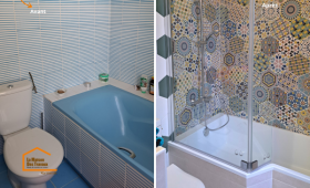 Transformation complète d’une ancienne salle de bain avec nouvelle baignoire, faïence décorative et paroi vitrée à Fumel.