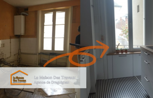 Comparaison avant-après de la rénovation, montrant la transformation complète d’une cuisine vétuste en un espace moderne et accueillant.