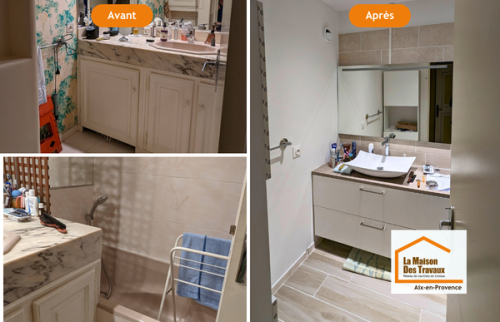 Avant / après d’une rénovation de salle de bain à Aix-en-Provence avec remplacement d’une baignoire par une douche sécurisée, nouveau meuble vasque et revêtements modernes.