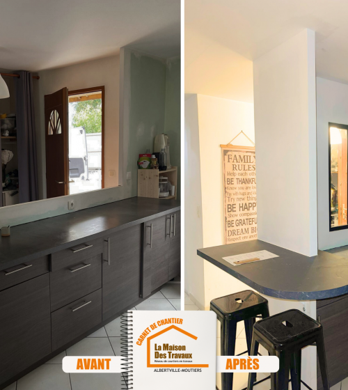 verrière intérieure cuisine, plan de travail-bar sur mesure, rénovation cuisine Chamoux-sur-Gelon, modernisation cuisine