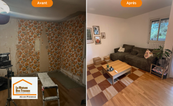     Avant / après d’une rénovation complète de salon à Aix-en-Provence : détapissage, reprise des murs, modernisation des espaces et transformation d’un intérieur ancien en pièce de vie chaleureuse et lumineuse grâce à l’accompagnement de Laurent Nemer.
