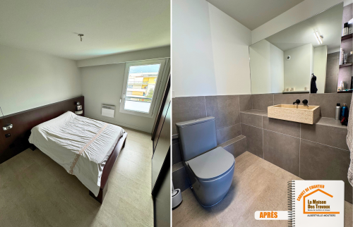 La Maison des Travaux Moûtiers, rénovation minimaliste appartement, parquet gris moderne, rénovation salle de bain pierre, courtier en travaux Albertville