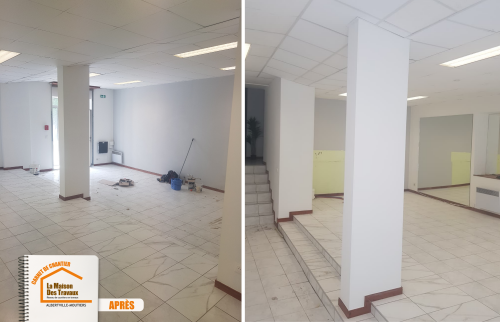 rénovation bureau en salle, carrelage local commercial Albertville, adaptation plafond démontable, reprise sol béton Savoie, subventions travaux entreprises