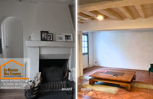 Une cheminée rénovée avec élégance, sublimant le charme authentique de cette maison à Abondant. 🔥