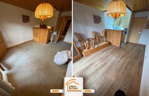  rénovation appartement Savoie, panneaux muraux Vipanel, rénovation salle de bains montagne, remplacement baignoire par douche, rénovation intérieure Méribel