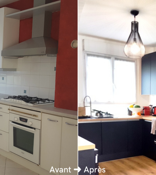 Avant/après rénovation de cuisine à Quimper : transformation complète vers un espace moderne, fonctionnel et harmonieux, coordonnée par Lucie, courtière en travaux.