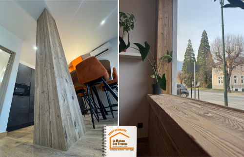 rénovation façade bois, aménagement bois naturel, bois ancien décoration, artisan ébéniste Haute-Savoie, habillage décoratif poteau