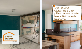 Transformation d’un espace cloisonné en pièce de vie ouverte grâce à l’ouverture d’un mur porteur entre Penmarch et Treffiagat.