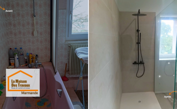Avant rénovation : une salle de bain datée, peu pratique et à réorganiser entièrement à Xaintrailles.